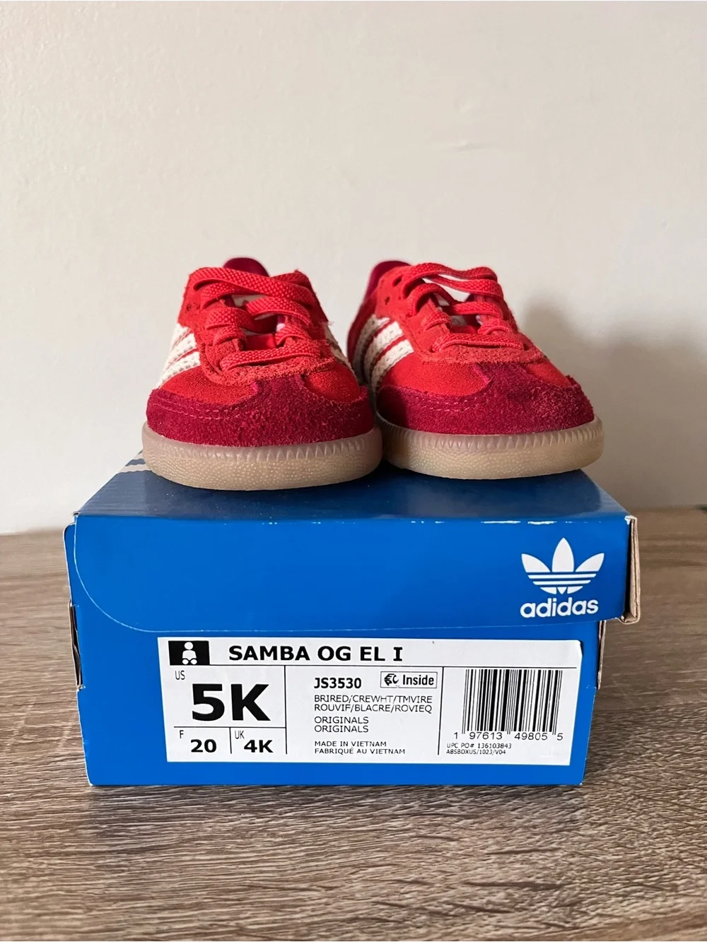 adidas baby/toddler Samba Red Suede Sneakers with White Stripes